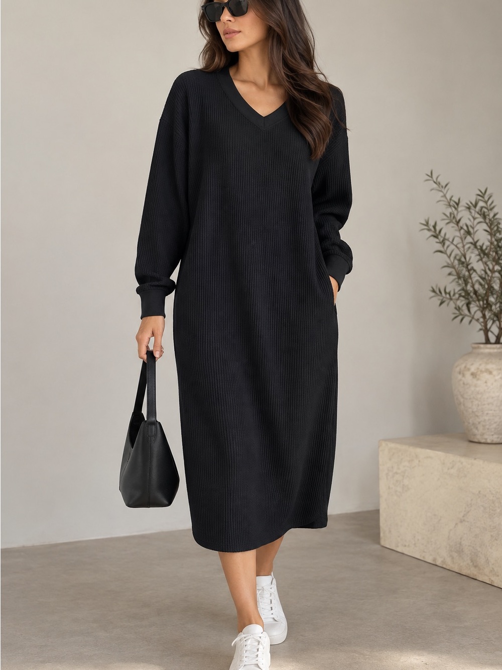 Uniqlo Black V-Neck Ribbed Midi Dress